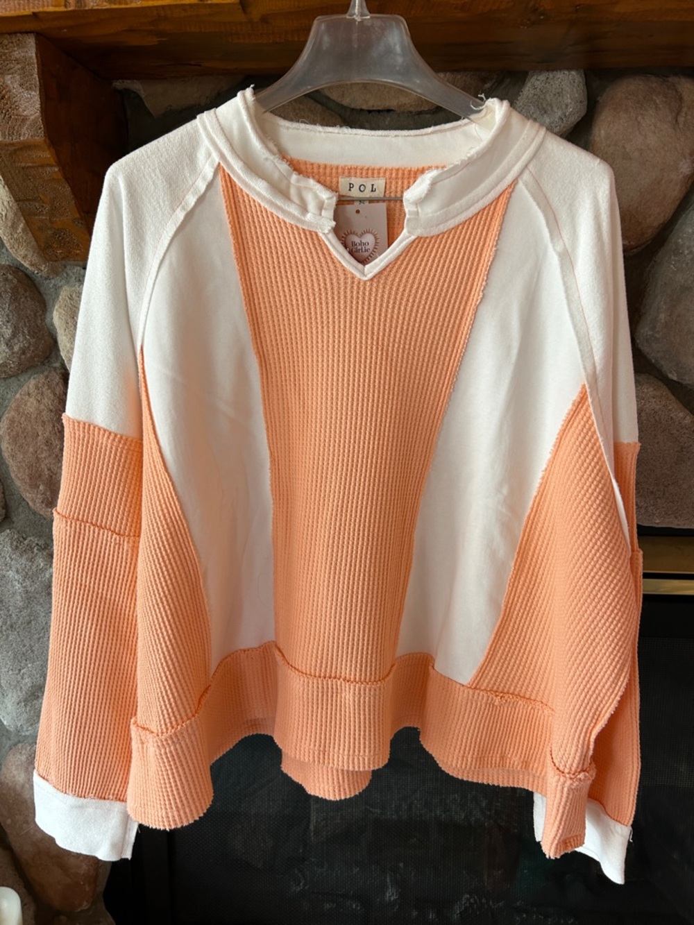 POL Peach & White Waffle Knit Color-Block Sweatshirt, Size S, Oversized